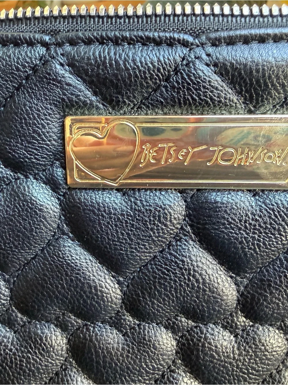 LARGE Betsey Johnson Black Quilted Heart Cosmetic Pouch with Gold Plaque 12”x7”